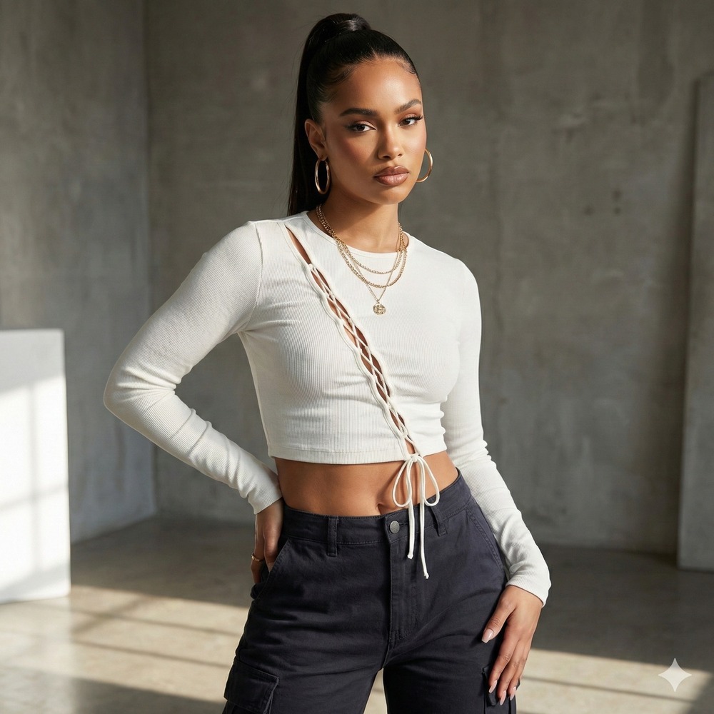 Garage‎ White Ribbed Lace Up Ruched Long Sleeve Coquette Balletcore Crop Top XS